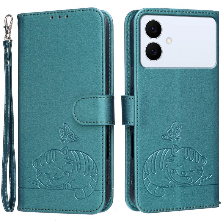 Custodia per telefono in ecopelle con cinturino e stampa a rilievo di gatto e farfalla, con protezione RFID., For Galaxy S26 FE 5G, For Galaxy S26 Edge 5G, For Galaxy S26 Ultra 5G