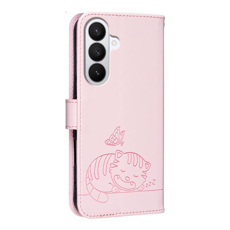 Custodia per telefono in ecopelle con cinturino e stampa a rilievo di gatto e farfalla, con protezione RFID., For Galaxy S26 5G, For Galaxy S25 FE 5G, For Galaxy S25 Edge 5G