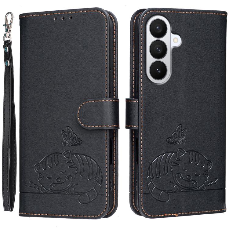 Custodia per telefono in ecopelle con cinturino e stampa a rilievo di gatto e farfalla, con protezione RFID., For Galaxy S26 5G, For Galaxy S25 FE 5G, For Galaxy S25 Edge 5G