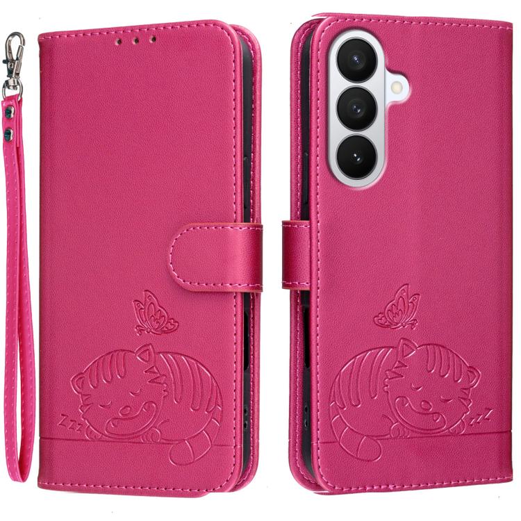 Custodia per telefono in ecopelle con cinturino e stampa a rilievo di gatto e farfalla, con protezione RFID., For Galaxy S26 5G, For Galaxy S25 FE 5G, For Galaxy S25 Edge 5G