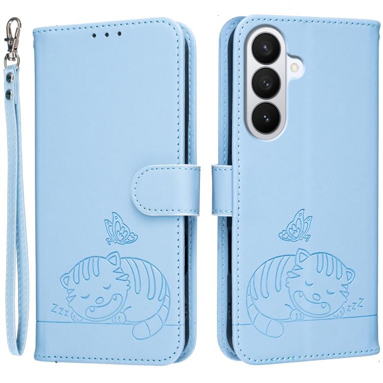 Custodia per telefono in ecopelle con cinturino e stampa a rilievo di gatto e farfalla, con protezione RFID., For Galaxy S26 5G, For Galaxy S25 FE 5G, For Galaxy S25 Edge 5G