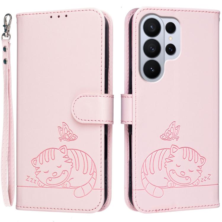 Custodia per telefono in ecopelle con cinturino e stampa a rilievo di gatto e farfalla, con protezione RFID., For Galaxy S26 FE 5G, For Galaxy S26 Edge 5G, For Galaxy S26 Ultra 5G
