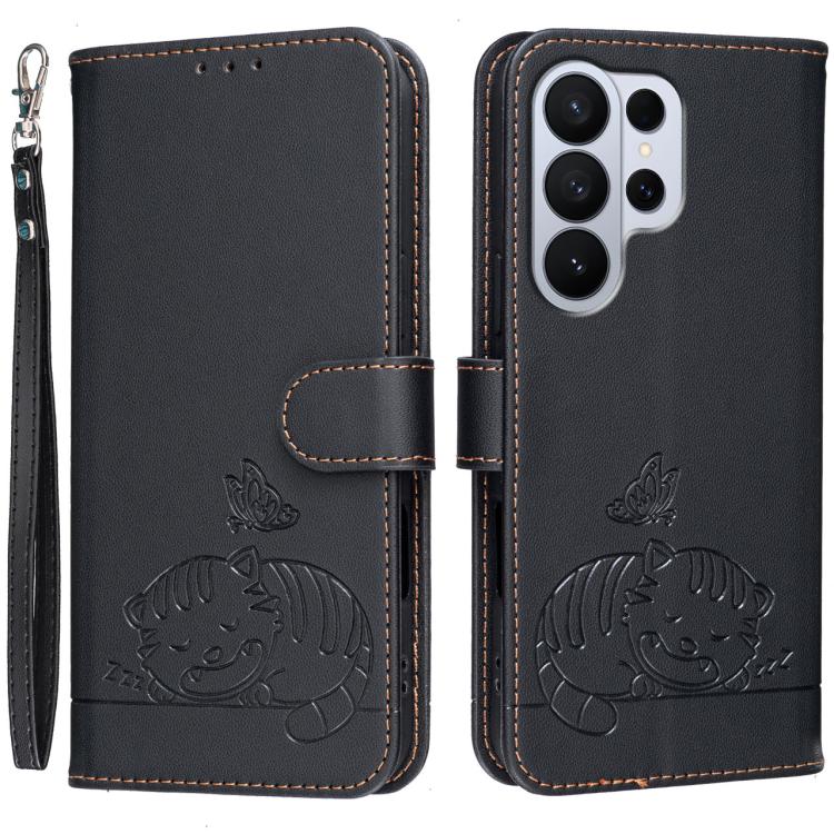 Custodia per telefono in ecopelle con cinturino e stampa a rilievo di gatto e farfalla, con protezione RFID., For Galaxy S26 FE 5G, For Galaxy S26 Edge 5G, For Galaxy S26 Ultra 5G