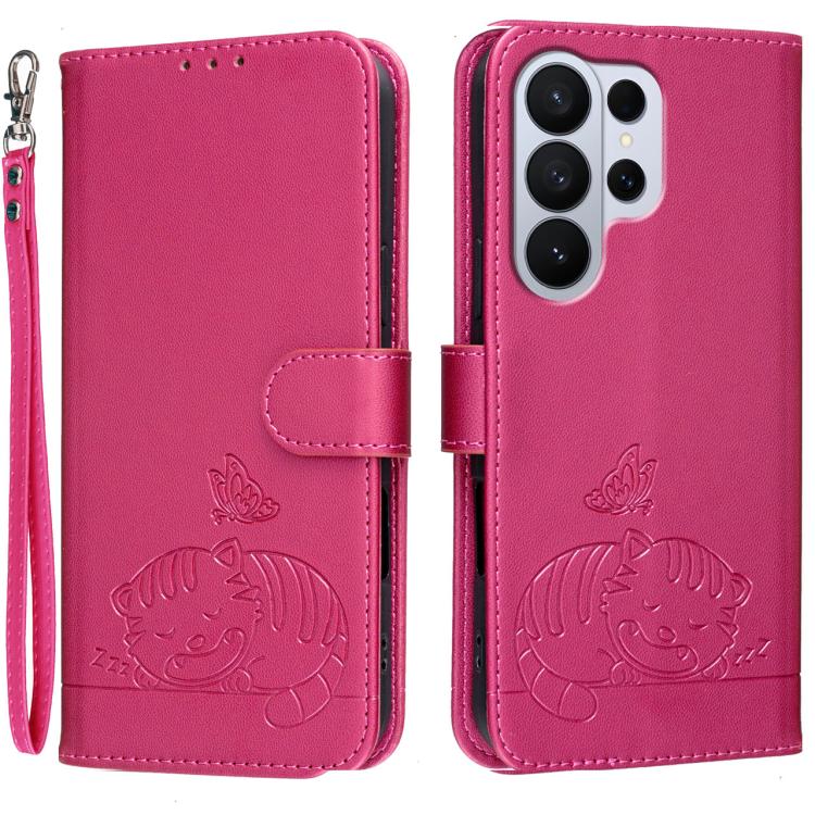 Custodia per telefono in ecopelle con cinturino e stampa a rilievo di gatto e farfalla, con protezione RFID., For Galaxy S26 FE 5G, For Galaxy S26 Edge 5G, For Galaxy S26 Ultra 5G