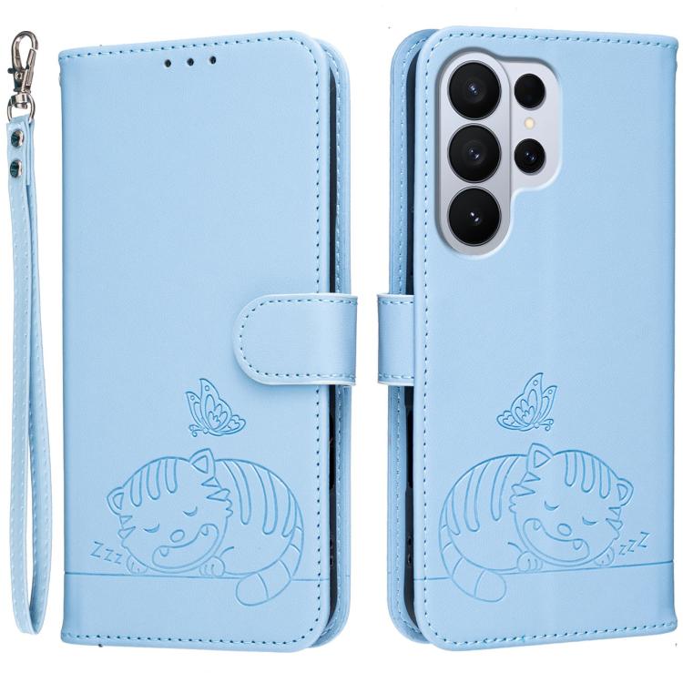 Custodia per telefono in ecopelle con cinturino e stampa a rilievo di gatto e farfalla, con protezione RFID., For Galaxy S26 FE 5G, For Galaxy S26 Edge 5G, For Galaxy S26 Ultra 5G