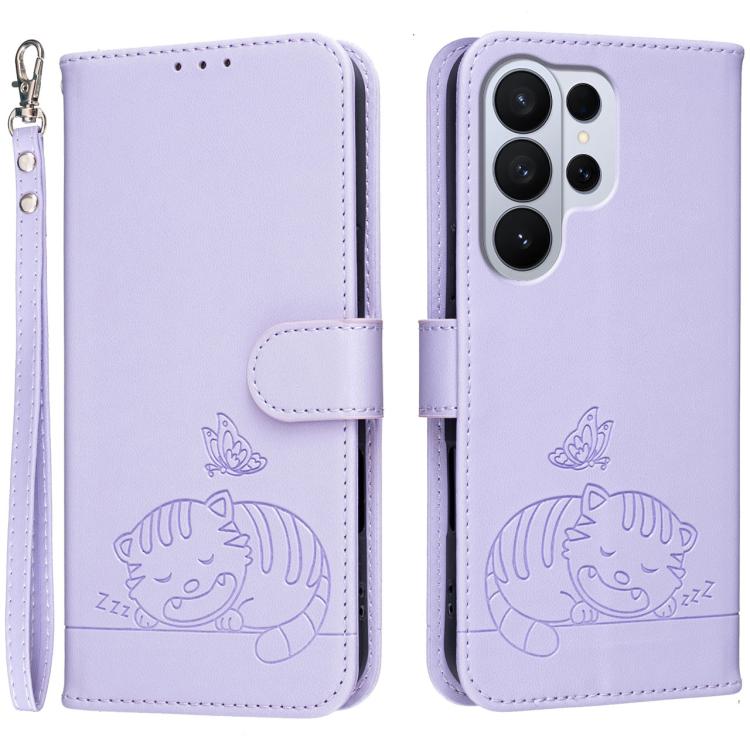 Custodia per telefono in ecopelle con cinturino e stampa a rilievo di gatto e farfalla, con protezione RFID., For Galaxy S26 FE 5G, For Galaxy S26 Edge 5G, For Galaxy S26 Ultra 5G