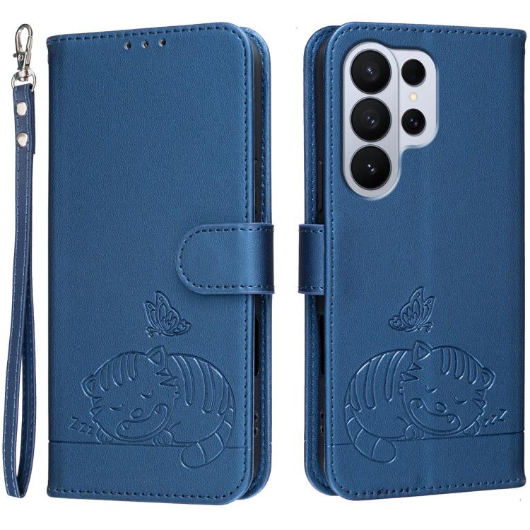Custodia per telefono in ecopelle con cinturino e stampa a rilievo di gatto e farfalla, con protezione RFID., For Galaxy S26 FE 5G, For Galaxy S26 Edge 5G, For Galaxy S26 Ultra 5G