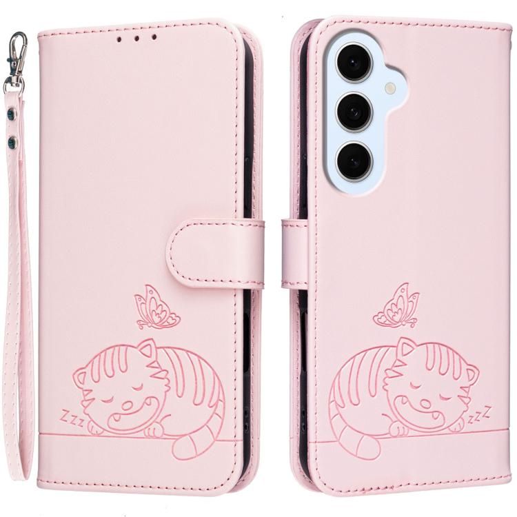 Custodia per telefono in ecopelle con cinturino e stampa a rilievo di gatto e farfalla, con protezione RFID., For Galaxy S26 FE 5G, For Galaxy S26 Edge 5G, For Galaxy S26 Ultra 5G