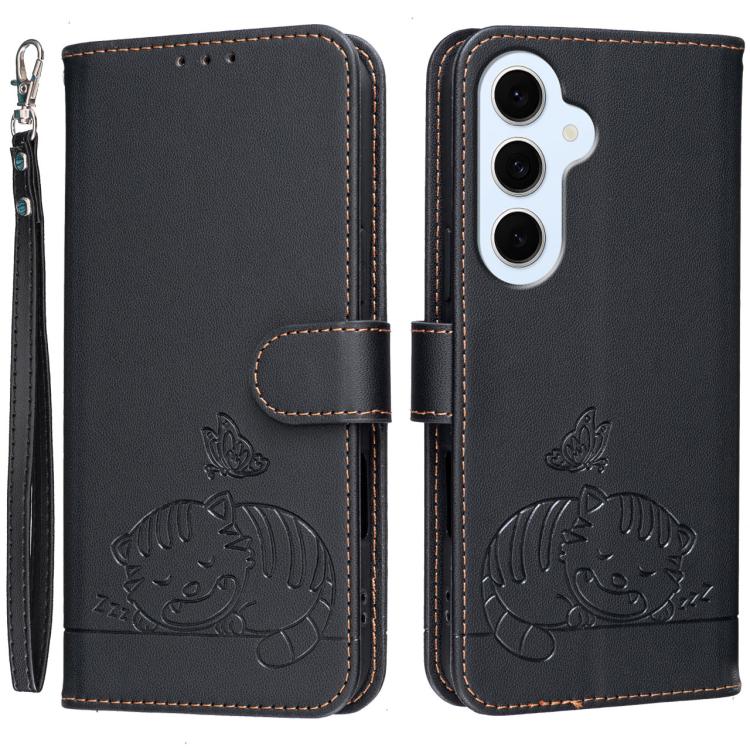 Custodia per telefono in ecopelle con cinturino e stampa a rilievo di gatto e farfalla, con protezione RFID., For Galaxy S26 FE 5G, For Galaxy S26 Edge 5G, For Galaxy S26 Ultra 5G
