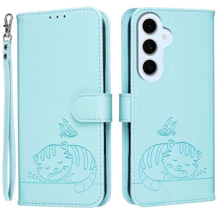 Custodia per telefono in ecopelle con cinturino e stampa a rilievo di gatto e farfalla, con protezione RFID., For Galaxy S26 FE 5G, For Galaxy S26 Edge 5G, For Galaxy S26 Ultra 5G