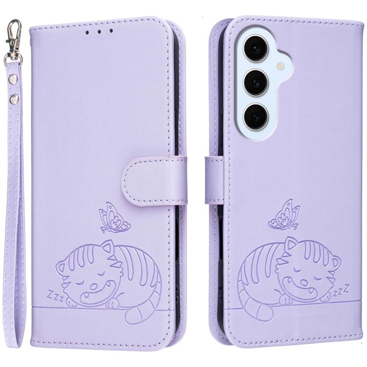 Custodia per telefono in ecopelle con cinturino e stampa a rilievo di gatto e farfalla, con protezione RFID., For Galaxy S26 FE 5G, For Galaxy S26 Edge 5G, For Galaxy S26 Ultra 5G