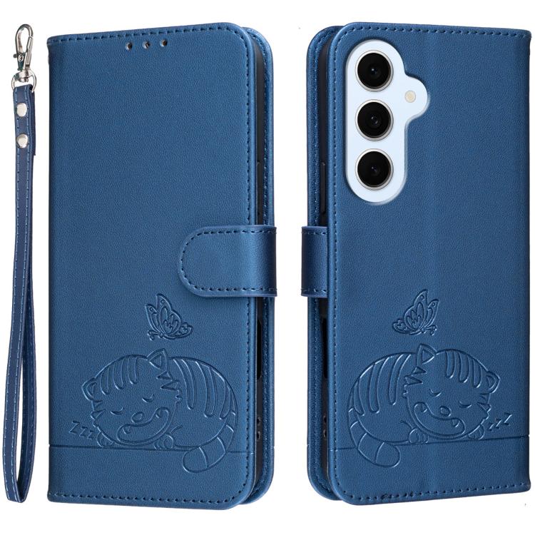 Custodia per telefono in ecopelle con cinturino e stampa a rilievo di gatto e farfalla, con protezione RFID., For Galaxy S26 FE 5G, For Galaxy S26 Edge 5G, For Galaxy S26 Ultra 5G