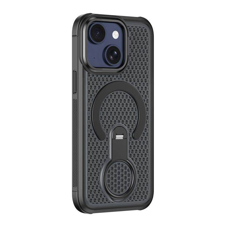 Custodia magnetica per telefono con anello di supporto girevole a 360 gradi, colorata e traforata, ideale per il raffreddamento., For iPhone 15