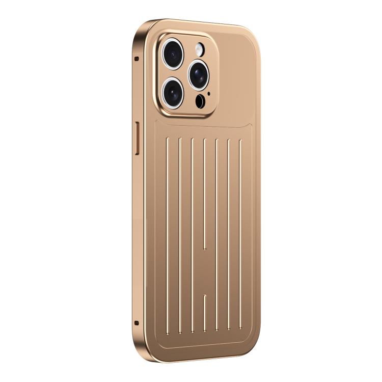 Custodia per telefono in lega di alluminio della serie King con texture a valigia e pellicola in vetro temperato., For iPhone 16 Pro, For iPhone 15 Pro Max, For iPhone 15 Pro, For iPhone 14 Pro