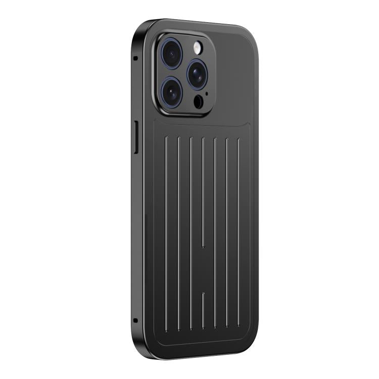 Custodia per telefono in lega di alluminio della serie King con texture a valigia e pellicola in vetro temperato., For iPhone 16 Pro, For iPhone 15 Pro Max, For iPhone 15 Pro, For iPhone 14 Pro