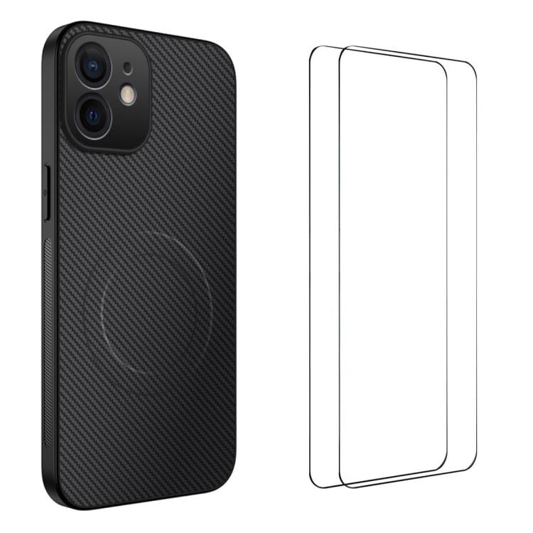 Custodia per telefono WANLONFENG serie TQ1 con texture in fibra di carbonio magnetica e 2 pellicole protettive per lo schermo., For iPhone 12, For iPhone 12 Pro Max, For iPhone 12 Pro, For iPhone 11 Pro Max