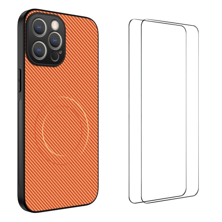 Custodia per telefono WANLONFENG serie TQ1 con texture in fibra di carbonio magnetica e 2 pellicole protettive per lo schermo., For iPhone 12, For iPhone 12 Pro Max, For iPhone 12 Pro, For iPhone 11 Pro Max