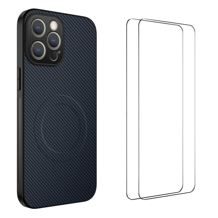 Custodia per telefono WANLONFENG serie TQ1 con texture in fibra di carbonio magnetica e 2 pellicole protettive per lo schermo., For iPhone 12, For iPhone 12 Pro Max, For iPhone 12 Pro, For iPhone 11 Pro Max