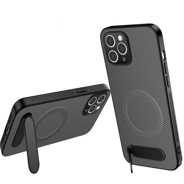 Custodia per telefono magnetica con supporto WANLONFENG e texture in fibra di carbonio., For iPhone 12, For iPhone 12 Pro Max, For iPhone 12 Pro, For iPhone 11 Pro Max