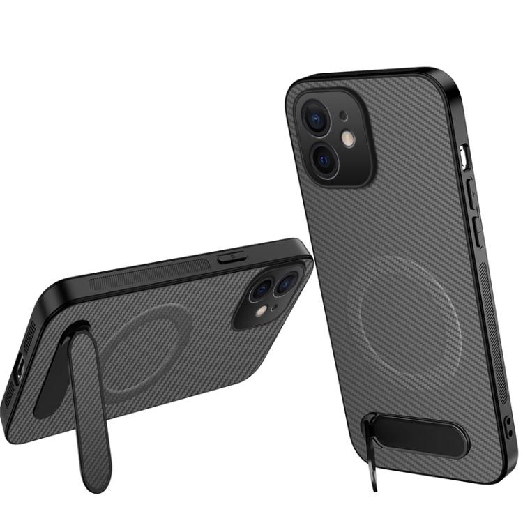 Custodia per telefono magnetica con supporto WANLONFENG e texture in fibra di carbonio., For iPhone 11, For iPhone 11 Pro