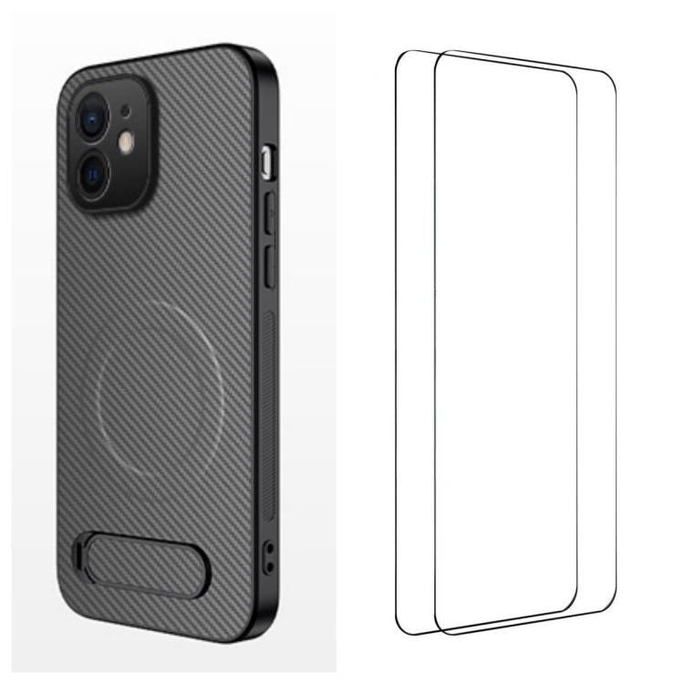 WANLONFENG Custodia per telefono magnetica con supporto integrato e texture in fibra di carbonio, con 2 pellicole protettive per lo schermo incluse., For iPhone 12, For iPhone 12 Pro Max, For iPhone 12 Pro, For iPhone 11 Pro Max