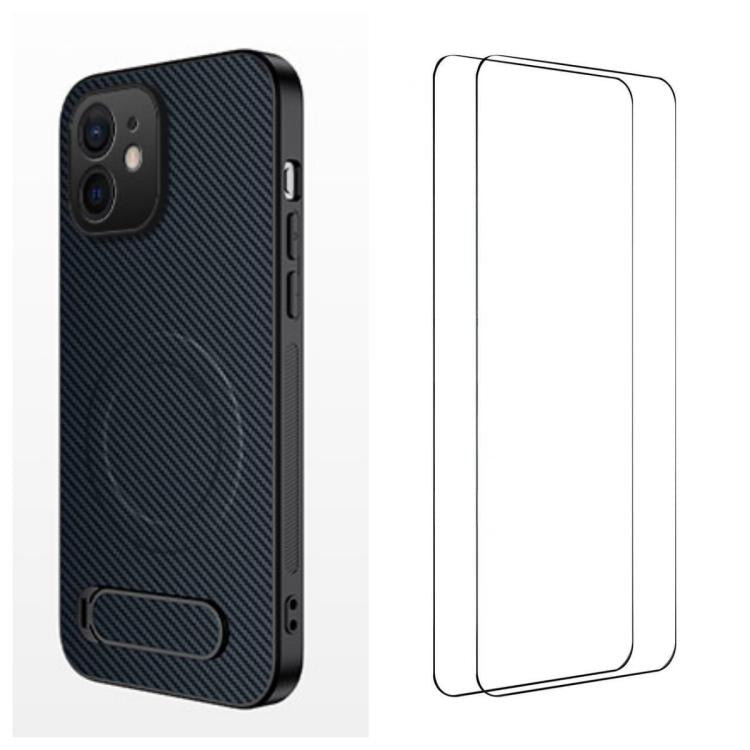 WANLONFENG Custodia per telefono magnetica con supporto integrato e texture in fibra di carbonio, con 2 pellicole protettive per lo schermo incluse., For iPhone 12, For iPhone 12 Pro Max, For iPhone 12 Pro, For iPhone 11 Pro Max