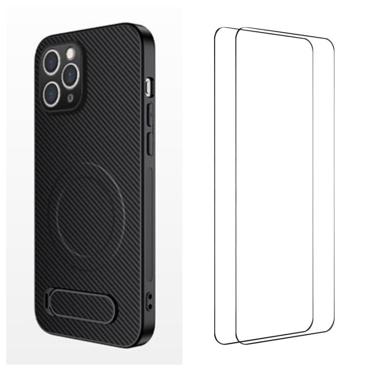 WANLONFENG Custodia per telefono magnetica con supporto integrato e texture in fibra di carbonio, con 2 pellicole protettive per lo schermo incluse., For iPhone 12, For iPhone 12 Pro Max, For iPhone 12 Pro, For iPhone 11 Pro Max