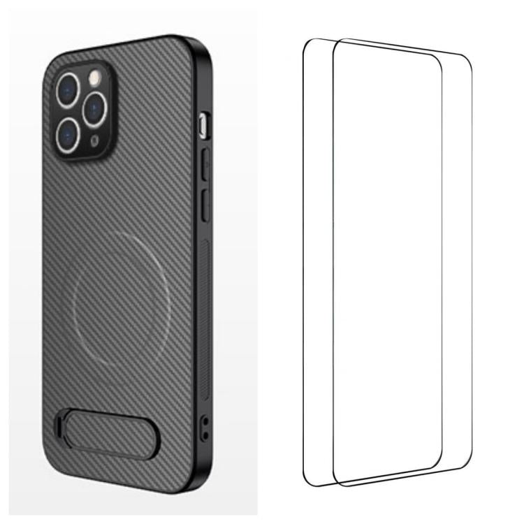 WANLONFENG Custodia per telefono magnetica con supporto integrato e texture in fibra di carbonio, con 2 pellicole protettive per lo schermo incluse., For iPhone 12, For iPhone 12 Pro Max, For iPhone 12 Pro, For iPhone 11 Pro Max
