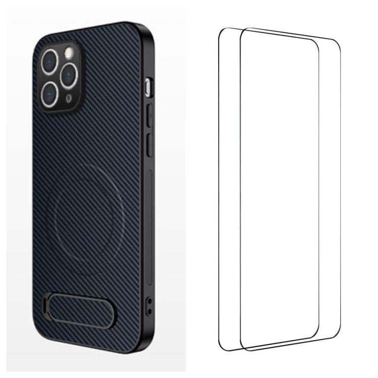 WANLONFENG Custodia per telefono magnetica con supporto integrato e texture in fibra di carbonio, con 2 pellicole protettive per lo schermo incluse., For iPhone 12, For iPhone 12 Pro Max, For iPhone 12 Pro, For iPhone 11 Pro Max