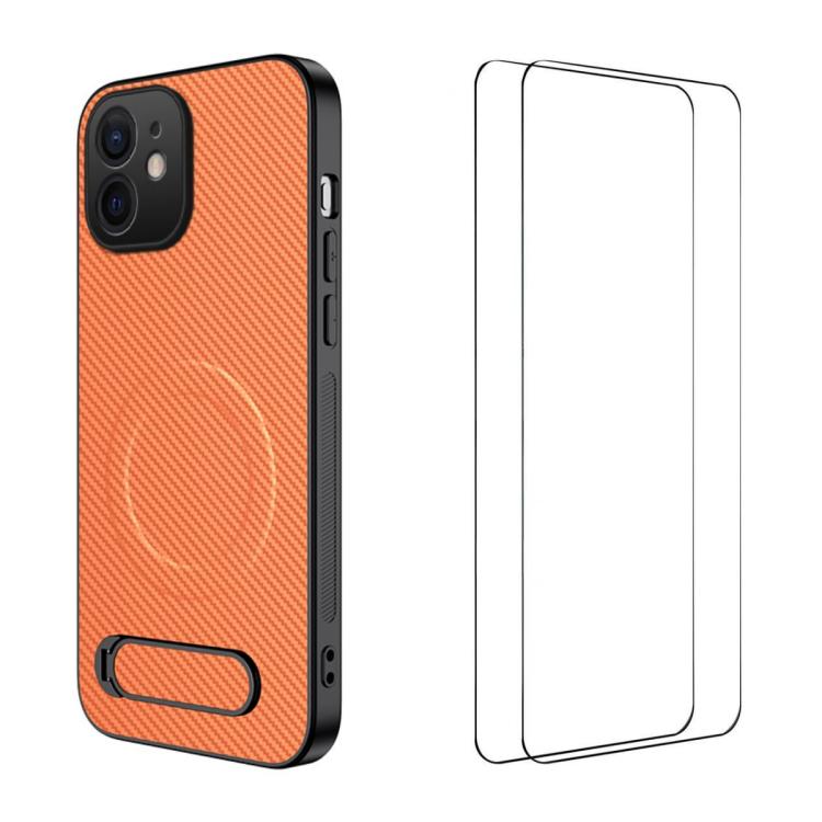 WANLONFENG Custodia per telefono magnetica con supporto integrato e texture in fibra di carbonio, con 2 pellicole protettive per lo schermo incluse., For iPhone 11, For iPhone 11 Pro