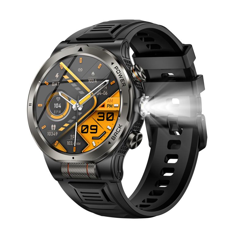 Smartwatch sportivo KT91 con display AMOLED da 1,43 pollici e torcia integrata, compatibile con il monitoraggio della salute.