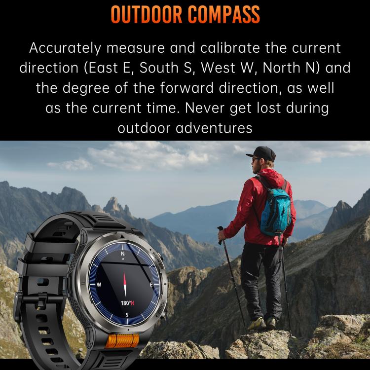 Smartwatch sportivo KT91 con display AMOLED da 1,43 pollici e torcia integrata, compatibile con il monitoraggio della salute.