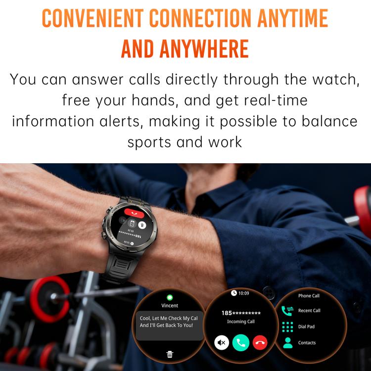Smartwatch sportivo KT91 con display AMOLED da 1,43 pollici e torcia integrata, compatibile con il monitoraggio della salute.