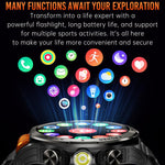 Smartwatch sportivo KT91 con display AMOLED da 1,43 pollici e torcia integrata, compatibile con il monitoraggio della salute.