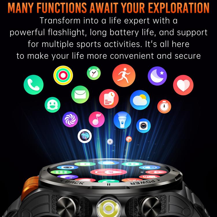Smartwatch sportivo KT91 con display AMOLED da 1,43 pollici e torcia integrata, compatibile con il monitoraggio della salute.