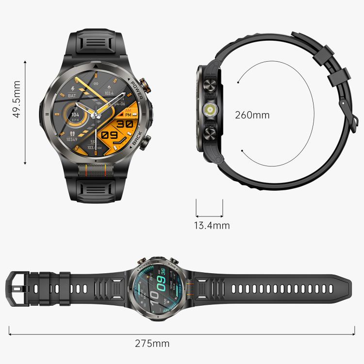 Smartwatch sportivo KT91 con display AMOLED da 1,43 pollici e torcia integrata, compatibile con il monitoraggio della salute.