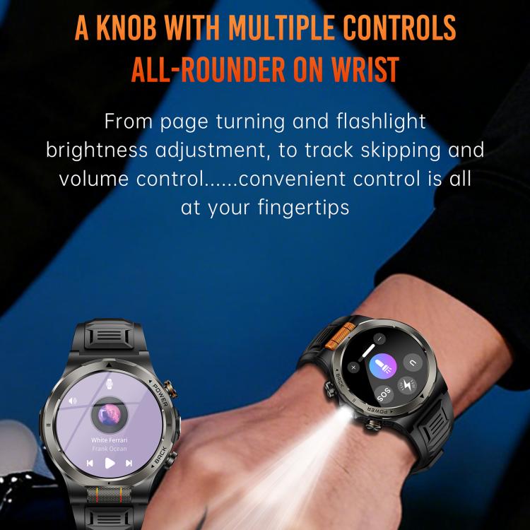 Smartwatch sportivo KT91 con display AMOLED da 1,43 pollici e torcia integrata, compatibile con il monitoraggio della salute.