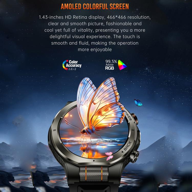 Smartwatch sportivo KT91 con display AMOLED da 1,43 pollici e torcia integrata, compatibile con il monitoraggio della salute.