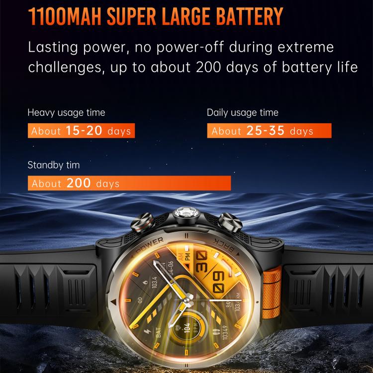 Smartwatch sportivo KT91 con display AMOLED da 1,43 pollici e torcia integrata, compatibile con il monitoraggio della salute.
