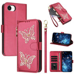 Custodia per telefono in ecopelle con cerniera e cinturino da polso, motivo farfalla glitterata, con cinturino da polso., For iPhone 17e / 16e, For iPhone 17 Pro Max, For iPhone 17 Pro, For iPhone 17