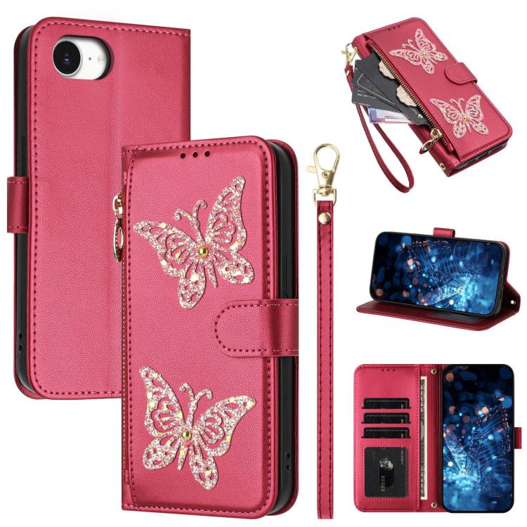 Custodia per telefono in ecopelle con cerniera e cinturino da polso, motivo farfalla glitterata, con cinturino da polso., For iPhone 17e / 16e, For iPhone 17 Pro Max, For iPhone 17 Pro, For iPhone 17