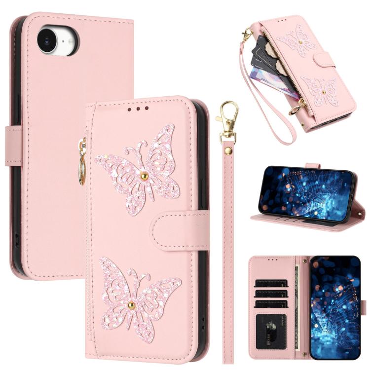 Custodia per telefono in ecopelle con cerniera e cinturino da polso, motivo farfalla glitterata, con cinturino da polso., For iPhone 17e / 16e, For iPhone 17 Pro Max, For iPhone 17 Pro, For iPhone 17