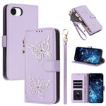 Custodia per telefono in ecopelle con cerniera e cinturino da polso, motivo farfalla glitterata, con cinturino da polso., For iPhone 17e / 16e, For iPhone 17 Pro Max, For iPhone 17 Pro, For iPhone 17