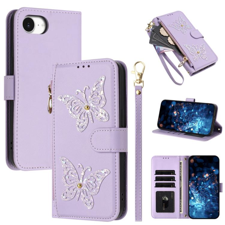 Custodia per telefono in ecopelle con cerniera e cinturino da polso, motivo farfalla glitterata, con cinturino da polso., For iPhone 17e / 16e, For iPhone 17 Pro Max, For iPhone 17 Pro, For iPhone 17
