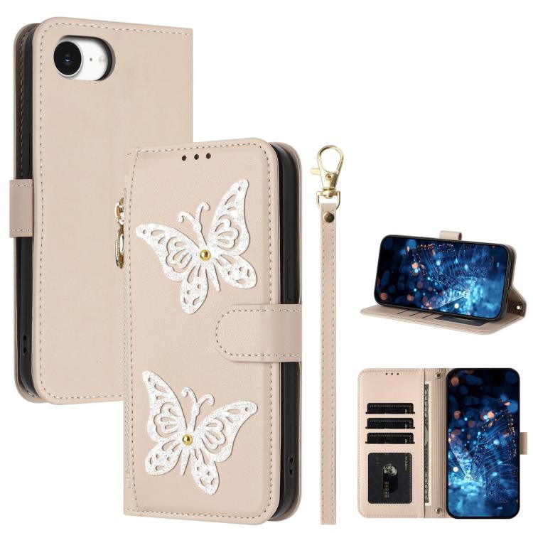 Custodia per telefono in ecopelle con cerniera e cinturino da polso, motivo farfalla glitterata, con cinturino da polso., For iPhone 17e / 16e, For iPhone 17 Pro Max, For iPhone 17 Pro, For iPhone 17