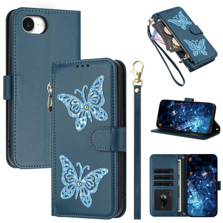 Custodia per telefono in ecopelle con cerniera e cinturino da polso, motivo farfalla glitterata, con cinturino da polso., For iPhone 17e / 16e, For iPhone 17 Pro Max, For iPhone 17 Pro, For iPhone 17