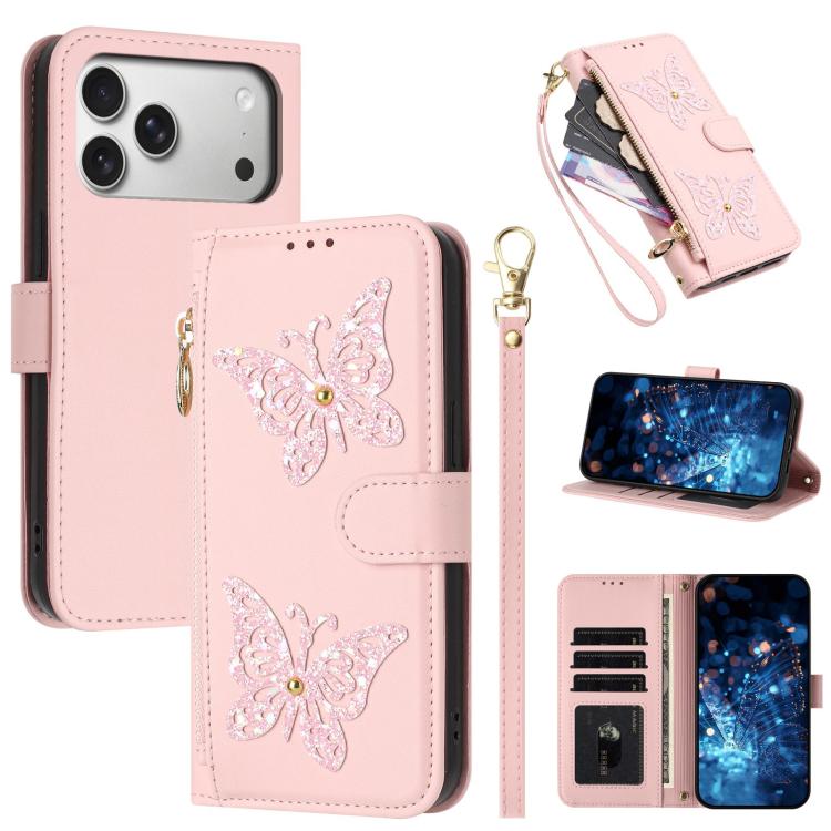 Custodia per telefono in ecopelle con cerniera e cinturino da polso, motivo farfalla glitterata, con cinturino da polso., For iPhone 17e / 16e, For iPhone 17 Pro Max, For iPhone 17 Pro, For iPhone 17