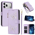 Custodia per telefono in ecopelle con cerniera e cinturino da polso, motivo farfalla glitterata, con cinturino da polso., For iPhone 17e / 16e, For iPhone 17 Pro Max, For iPhone 17 Pro, For iPhone 17
