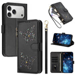 Custodia per telefono in ecopelle con cerniera e cinturino da polso, motivo farfalla glitterata, con cinturino da polso., For iPhone 17e / 16e, For iPhone 17 Pro Max, For iPhone 17 Pro, For iPhone 17