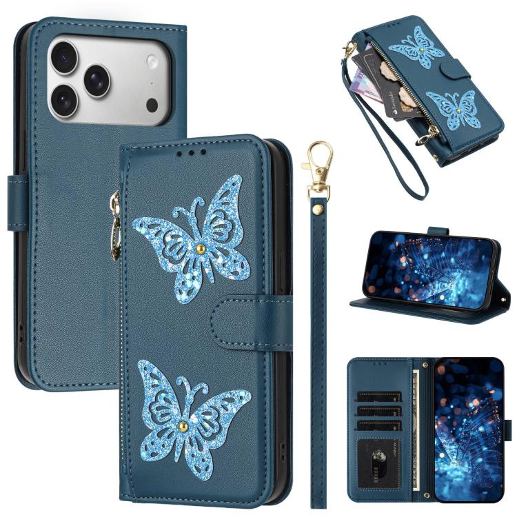 Custodia per telefono in ecopelle con cerniera e cinturino da polso, motivo farfalla glitterata, con cinturino da polso., For iPhone 17e / 16e, For iPhone 17 Pro Max, For iPhone 17 Pro, For iPhone 17